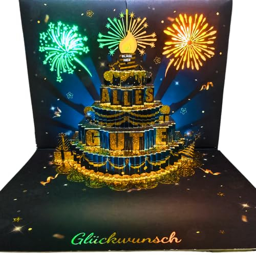 APOTODITO Geburtstagskarte mit Musik und Licht, 3D Pop Up Geburtstagskarte auf Deutsch mit Feuerwerk und Einblasbares Kerzen, Happy Birthday Geburtstagsgeschenk für Männer Frauen Kinder