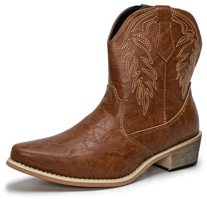 Halfword Women's Western Cowboy Boots Cowgirl Boots Classic Pointed Toe Chunky Heel Mid Calf Ankle Boots LightBrowm UK 5.5