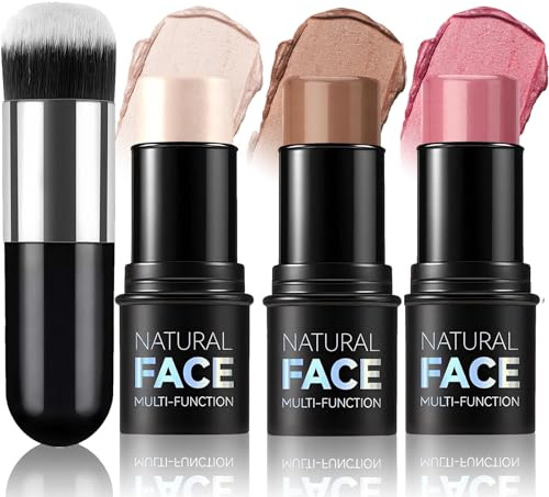 Contour, Highlight, Blush Stick Set - 3pcs with Brush, Long Lasting Formula, Waterproof, Lightweight, Multi-Stick Face Makeup Ideal for All Skin Types