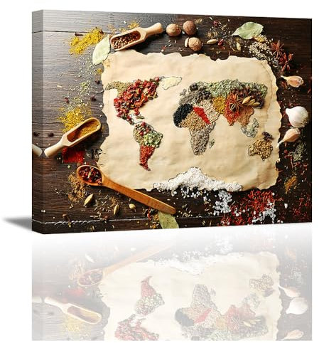PIY PAINTING Impressions Sur Toile, Tableaux d'Épices, Art Mural Sur Toile, Carte Du Monde, Facile à Accrocher Pour Chambre à Coucher Salon Bureau Salle De Classe Cuisine, 30x40 cm, Avec Cadre En Bois