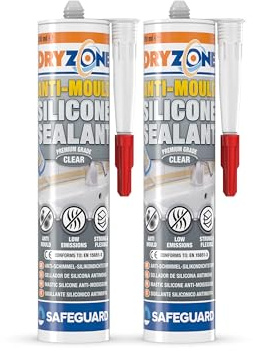 Dryzone Silicone Sigillante Antimuffa Trasparente (2 x 310ml) - Per Ambienti Interni Umidi, Asciugatura Rapida, Adesione Forte, Lunga Durata Contro la Muffa