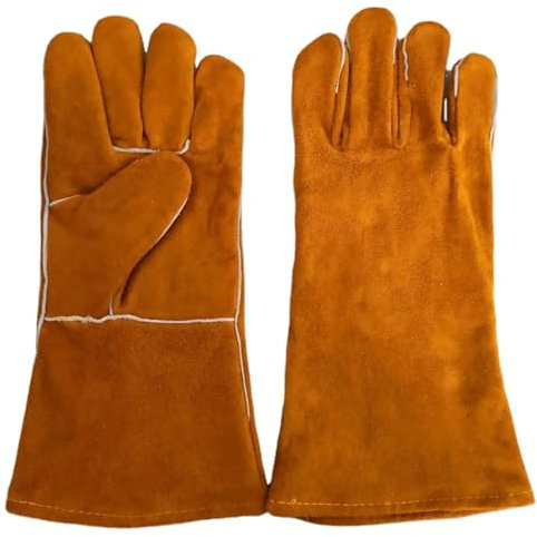 BARAC Guantes de Soldador resistentes al calor y desgaste, Ropa de soldadura ignífuga forrados de cuero, protección a altas temperaturas para soldar, horno, parrilla, barbacoa, estufa con manga larga.