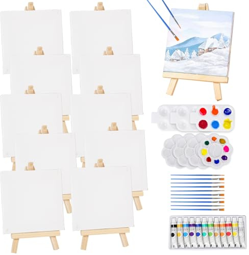 Sheryl&Rain 49Pcs Mini Canvas and Easel Set, Small Canvas Painting Set with 12 Acrylic Paint/10 Paintbrushe/7 Palette, Wooden Mini Easel for Painting, Artist (Canva 10 x 10 cm | Easels 8 x 15 cm)