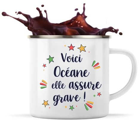 Planetee Tasse métallique Océane elle assure grave ! | Mug Mazagran Cadeau Fête des Mères Anniversaire Soeur Noël Tata Marraine Timbale Camping