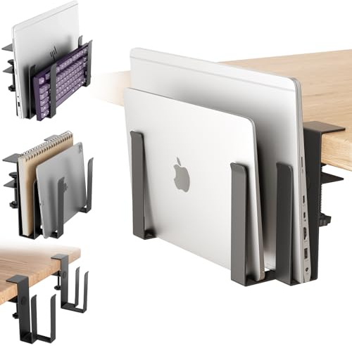 otuiaim Dual‑Device Adjustable Laptop Stand with Clamp for Desks - – No Drilling Required - Stainless Steel Desk Side Storage Extender Holder for or Two Devices ≤ 38 mm Thick