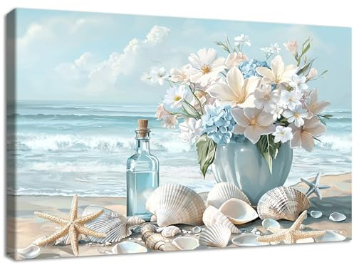 Blauer Ozean Küste Seelandschaft Leinwand Bilder Mit Rahmen Hortensien Lilien Blume in Vase Bild Wandbilder Kunstdruck auf Leinwand Malerei Wohnzimmer Schlafzimmer Badezimmer Wanddekor 40x60cm