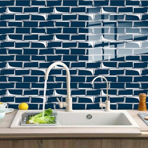 Tile Stickers Navy Blue PVC Floor Tiles Self Adhesive Waterproof Oil-Proof Bathroom Decor,DIY Peel and Stick Wall Tiles, Splashback Stickers for Kitchen 30 PC(12x24cm)