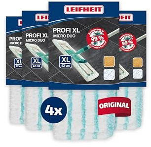 Leifheit Wischbezug Profi XL Micro Duo, 4er Set Doppelreinigung | Mikrofaser mit Spezialborsten, waschbar bis 400x bei 60°C, für Stein, Parkett, Laminat, glatte Böden, weiß/türkis