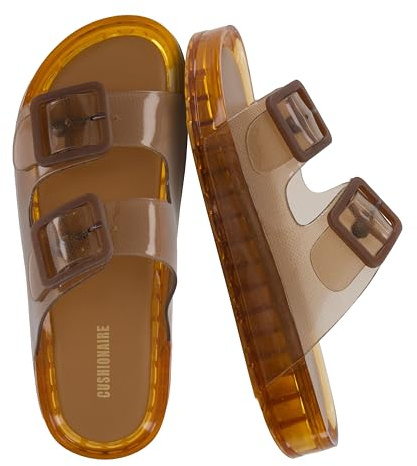 CUSHIONAIRE Pool Slides for Women Waterproof Double Buckle Adjustable Slip-On Womens Sandals for Beach Shower Casual Wear, Whiskey 8