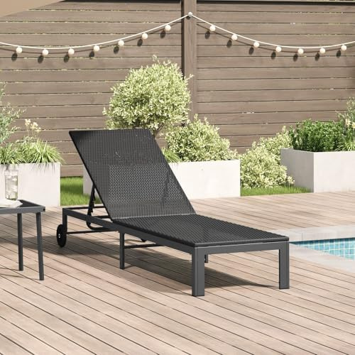 Brokky 42004129 Lettino con Ruote in Polyrattan Nero Lettino Prendisole,Sedia a Sdraio,Schienale Reclinabile,per Terrazzo Piscina Giardino
