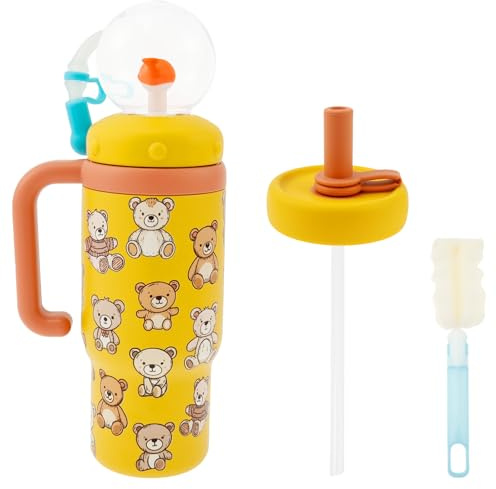 VAVPUP Gobelet de fontaine en acier inoxydable avec poignée - 710 ml - Gobelet baleine anti-fuite avec couvercle à anse et paille - Gourde mignonne pour enfants, adolescents et adultes - Passe au