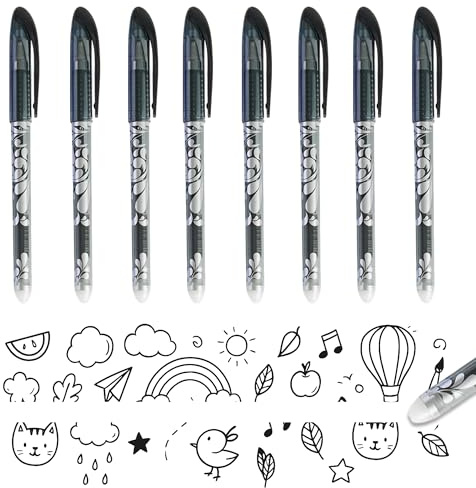 8 Erasable Pens Black, 0.5mm Friction Ink Pens with Rubber Erasers on End, Rub Out Pen for Kids and Adults, Smooth Writing School Office Stationery for Notes, Notebook, Editing (Black)