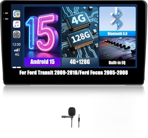 OiLiehu 4G+128G Android 15 Autoradio pour Ford Transit 2009-2016/Ford Focus 2005-2008 avec CarPlay Android Auto sans Fil, 9“ IPS Écran Tactile avec GPS WiFi Bluetooth FM/RDS EQ SWC Caméra Arrière