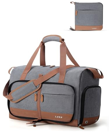 Lekesky Borsone da Viaggio Donna Uomo 30L, Borsa da Viaggio Weekend Pieghevole con Scomparto Scarpe e Tracolla, Leggero Impermeabile Borse Bagaglio a Mano per Palestra Ospedale Mare Vacanza, Grigio