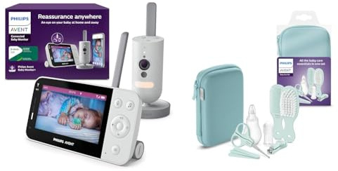 PHILIPS Avent Set Connected Videophone mit WLAN, Infrarot-Nachtsichtfunktion & Schrei-Erkennung SCD951/26 Babypflege-Set Starter-Set mit 9 Zubehörteilen (Modell SCH401/00)