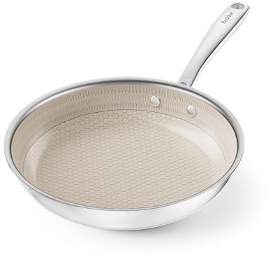 Redchef Poêle à frire hybride en céramique antiadhésive, triple épaisseur en acier inoxydable, poignée qui reste froide, non toxique, sans PTFE/PFAS/PFOA, passe au lave-vaisselle/four, compatible avec