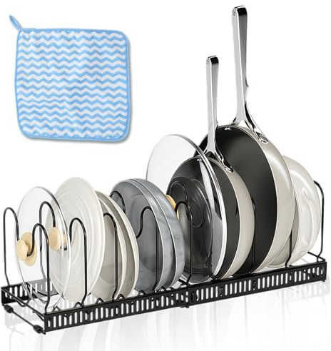 Expandable Pans Organiser Rack, Adjustable Pans Organiser witn 10 Compartments, Pan Organiser for Cupboard, Chopping Board Holder, with Cleaning Cloth, for kitchen cabinet storage and organization