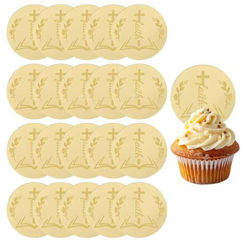 URROMA Lot de 20 décorations rondes dorées en forme de croix pour gâteau de fête prénatale, Noël, baptême, communion, baptême, église, décoration religieuse