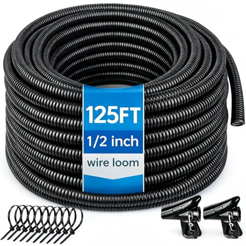 Automotive Wire Loom Flame Retardant Split Wire Loom Tubing Assortment Wiring Loom Kit Plastic Cover Electrical Covering Conduit Protective Wire Wrap Cable Sleeves Black 1/2 x 125 Ft