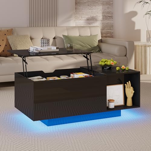 Hyaapwod Couchtisch Höhenverstellbar Schwarz, Wohnzimmertisch mit LED-Beleuchtung Hochglanz, Couchtisch mit Schublade und Offenem Fach, Schwarz