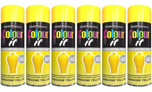 MSQUARE Quick Drying Spray Paint, Gloss Finish, Vibrant Colours, Professional, Versatile, Excellent Coverage, Easy Application, Ideal for Metal, Wood & Plastic, Sunshine Yellow, 250ml (Pack of 6)