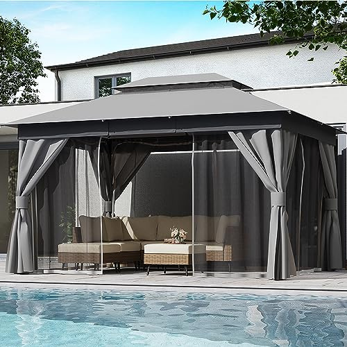 LAUSAINT HOME Semi‑Permanenter Gartenpavillon 4×3 m, robuster Partyzelt‑Unterstand mit Doppeldach, abnehmbare Moskitonetze & Sichtschutzwände, wetterfest für Terrasse, Garten‑Partys,Farbe Grau