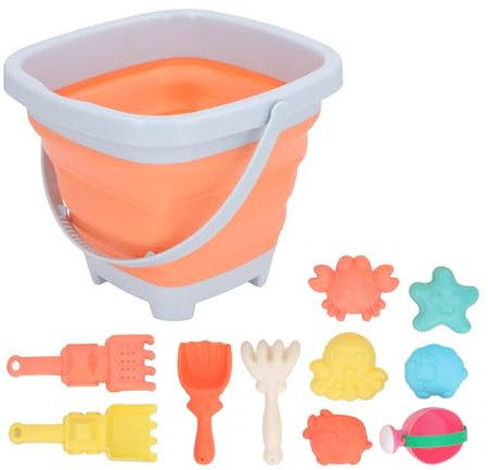 Barn sandleksaksset Interaktivt pedagogiskt pålitligt sandformskratta Spade Strandsandleksaksset för strand utomhuslek plast och silikonmaterial 11 stycken (Orange hopfällbar hink)