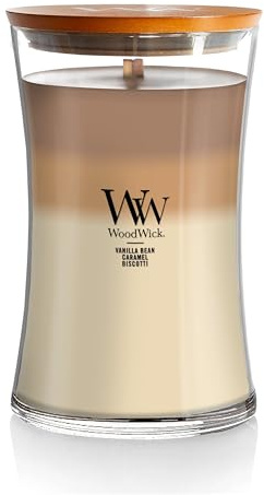 WoodWick Café Sweets Trilogy Holiday Candle Gifts for Women and Men, 21.5 oz Large Hourglass Trilogy Candle with Crackling Wick