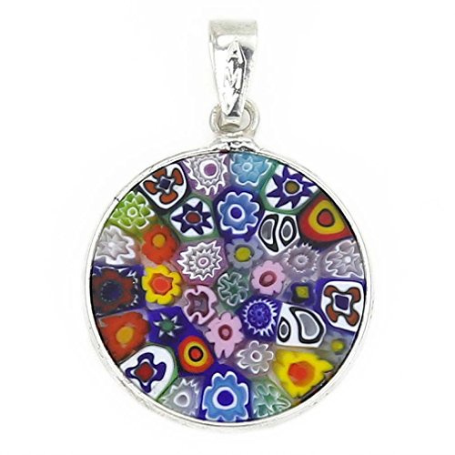 Glass Of Venice Kleine Halskette mit Millefiori-Anhänger aus Muranoglas, rund, Mehrfarbig, mit Rahmen aus Sterlingsilber für Damen, 3/4 Zoll 18 mm – handgefertigt in Italien