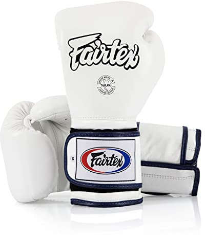 Fairtex Muay Thai Boxing Gloves BGV9 - Heavy Hitter Mexican Style Training & Sparring Gloves for Kick Boxing MMA K1 (White/Blue Piping, 16 oz)