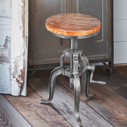 Topower Antiker industrieller DIY-Kurbelhocker, Gusseisen, dreibeiniger Stuhl, Barhocker, Holzplatte