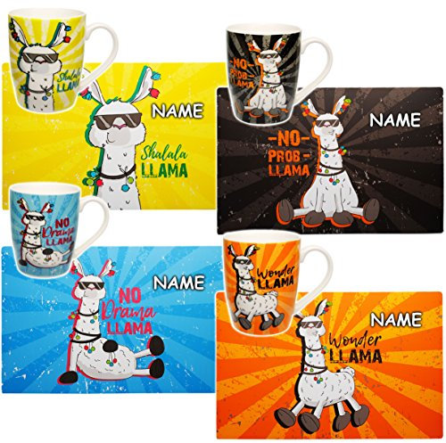 alles-meine.de GmbH 2 TLG. Set Henkeltasse/Kaffeetasse + Platzdeckchen - lustiges Lama/Alpaka - Shalalala Llama - Motiv - Mix - inkl. Name - Unterlage/Eßunterlage - T..