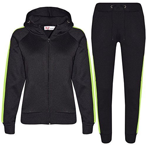 A2Z 4 Kids Flickor Pojkar Träningsdräkt Vanlig dragkedjetröja med huva Top Bottom Gym joggingdräkt - T.S 102 Black Neon Green 13