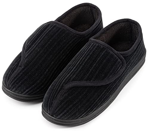 LongBay Men's Memory Foam Diabetic Slippers Comfy Warm Plush Fleece Arthritis Edema Swollen House Shoes Black, 9 UK
