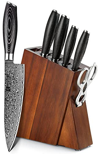 XINZUO Damaststahl Küchenmesser Set 7er -67 Schichten Damaststahl Chefmesser 7 Teilig Messerblock Sets -10Cr15CoMoV Stahlkern Scharf Profi Küchen Kochmesser Set -Ergonomischer Pakkaholz Griff