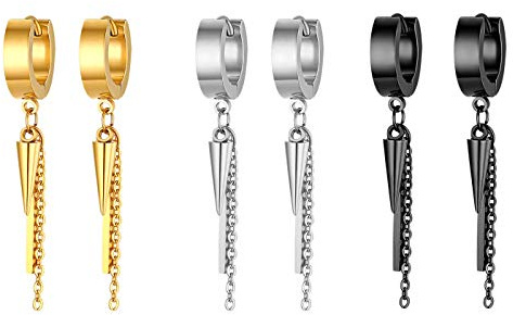 JewelryWe Schmuck Herren Ohrringe Creolen mit Ahle Taper Spitze, Kette und Quader Anhänger Edelstahl Ohr Manschette Ohrstecker Ohrhänger Ohrpiercings für Männer Frauen Schwarz/Gold/Silber