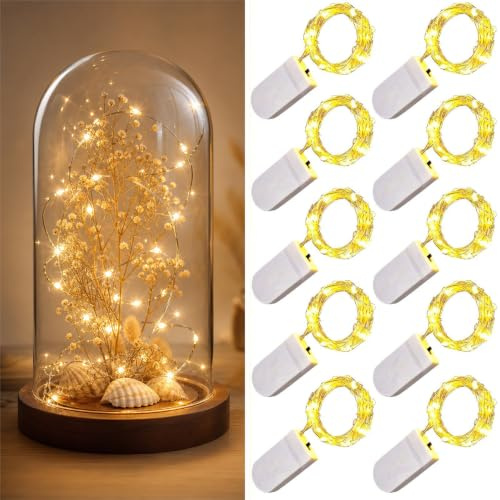 LED Lichterkette Batteriebetrieben, 10 Stück 1 M 10LEDs Silberfarbener Draht Streifen Licht,LED Beleuchtung für Weihnachten, Hochzeit, Party, Schlafzimmer (Warmweiß) | Flexibler Silberdraht, 2 CR2032-Batterien je Strang inklusive, IP65-Lichtdraht für Flaschen, Hochzeit und Weihnachtsdeko