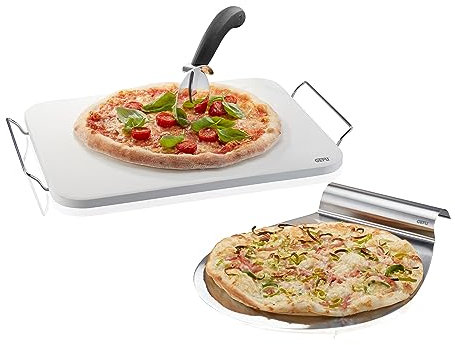 GEFU Pizzastein Set DARIOSO mit Edelstahlgestell, Pizzaschneider & Schieber | Cordierit Backstein für knusprigen Boden im Ofen und Grill