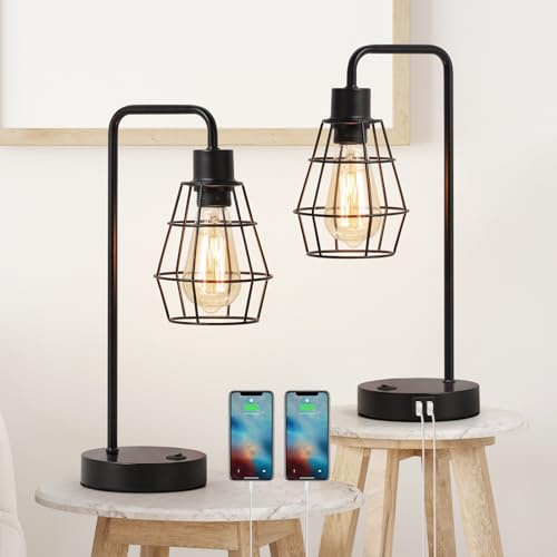 Industrielle Tischlampen 2er Set Nachttisch Nachttischlampe mit Ladefunktion USB Anschlüssen Steckdosen E27 Schreibtisch Leselampe mit Diamantförmig-Lampenschirm für Wohnzimmer, Schlafzimmer, Büros