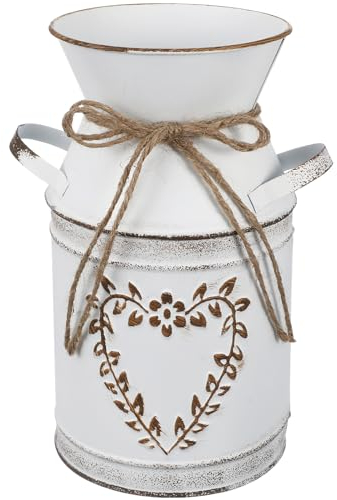 YARNOW Shabby Chic Heart Shaped Iron Vase for Flowers, Rustic Milk Jug Pitcher for Home Decor, Wedding, Party, Table Centerpiece, White