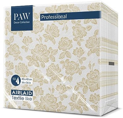 PAW - Servietten aus Airlaid - Stoffähnlich (40 x 40 cm) I 50 Stück I Ideal für Hochzeit, Taufe, Kommunion, Geburtstag I Stoffservietten - Ornament, Gold, Rosen I Farbe: Subtle Roses (gold)