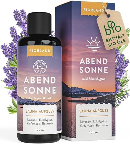 Fjorland Abendsonne Lavendel Saunaaufguss mit Eukalyptus, Rosmarin, Kiefer 100 ml mit BIO Ölen - Natürlicher Saunaduft mit ätherischen Ölen - Sauna Aufgussmittel extra hochdosiert