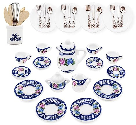 Odoria 1/12 Miniatur Teeservice Set Teller und Besteck Puppenhaus Zubehör, Blaue Blume