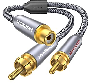 SOUNDFAM RCA Y Splitter 1 Female to 2 Male RCA/Phono Splitter Cable Stereo Y Adapter Gold-Plated Plug for Subwoofer, TV, CD Player, Home Theater-Grey(1Feet/30cm)
