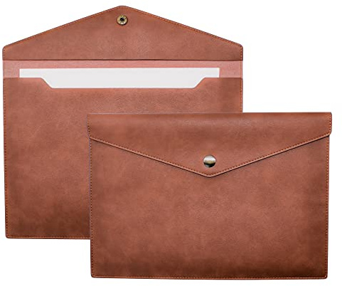 VANRA 1 Piece PU Leather File Folders A4 Document Holder File Envelope Waterproof Portfolio Filing File Organizer for Letter Size with Snap Button Closure, Brown