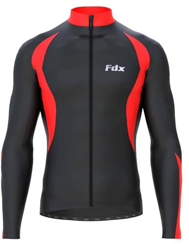 FDX Mens Cycling Jersey, Windproof Warm Winter Cycle Tops, Long Sleeves Water-Resistant Lightweight Thermal Bike Jacket, Windproof Bicycle Shirt for Riding, and Running(Red, L)