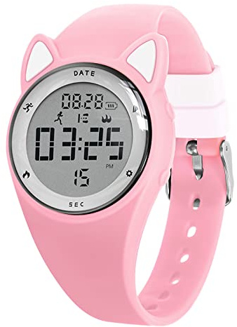 Bigmeda Montre Enfant Numérique Enfant avec Chronomètre, Eclairage, Alarme, Date, Podomètres Marche, Surveillance du Sommeil Montre pour Enfants Sport pour 10 Ans Fille Garçon (HuiPED Rose Blanc)