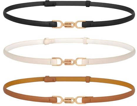 WERFORU 3 stycken läder mager kvinnor bälte mode damer tunt läder midjebälte för klänningar med guldspänne, Svart + brun + beige, 120cm/Für Taillengröße unter 110cm