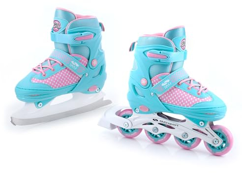 SMJ Lily Kinder Mädchen Set 2in1 Inliner/Schlittschuhe VERSTELLBAR | ABEC-7 Rollschuhe | Inlineskates umbaubar zu Eislaufschuhe | Türkis/Rosa (S (30-33))