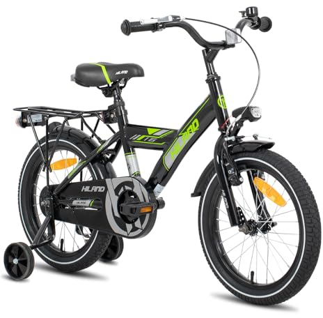 HILAND 16 Zoll Kinderfahrrad, StVZO, für Jungen Kinder ab 4,5,6 Jahren mit Rücksitz/Gepäckträger Stützräder Handbremse und Rücktrittbremse Schwarz